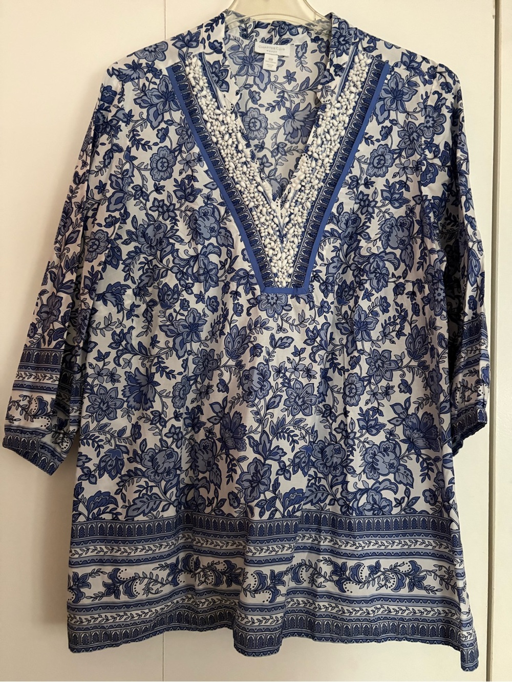 Charter Club Blue and White Floral V-Neck Tunic